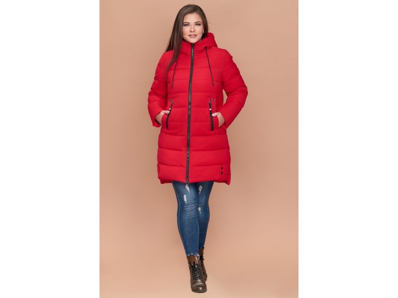 Красный пуховик женский большого размера зимний модель 25225, фото 1