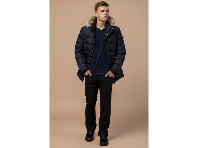Зимняя куртка темно-синяя качественная мужская модель 31042, фото 1