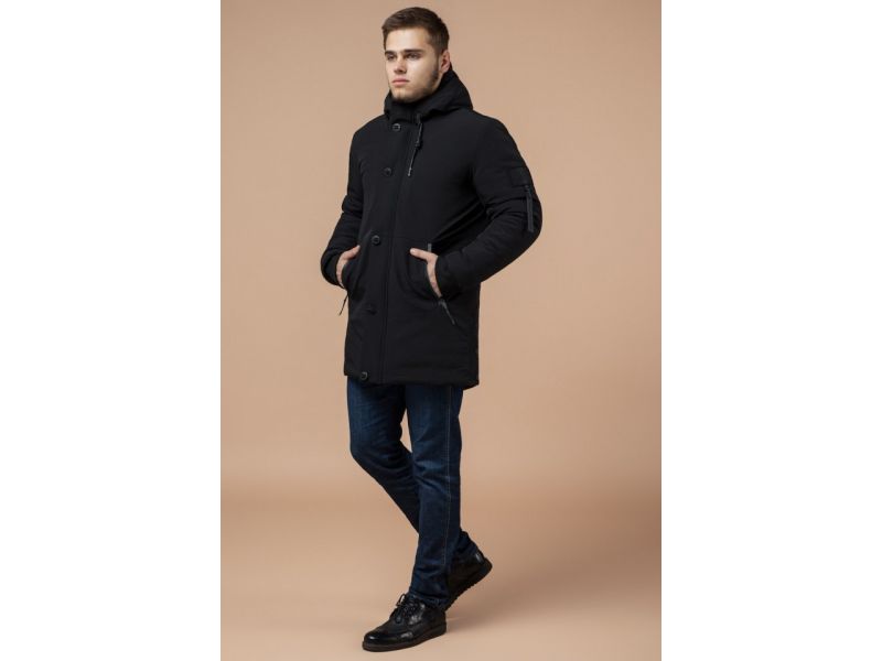 Парка черная с ветрозащитной планкой зимняя для мужчин модель 9042, фото 1