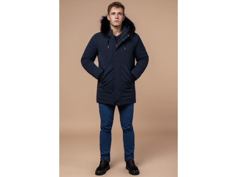 Парка мужская темно-синяя зимняя с меховой опушкой модель 9255, фото 1