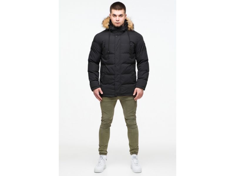 Черная мужская молодежная куртка на зиму с капюшоном модель 25210, фото 1