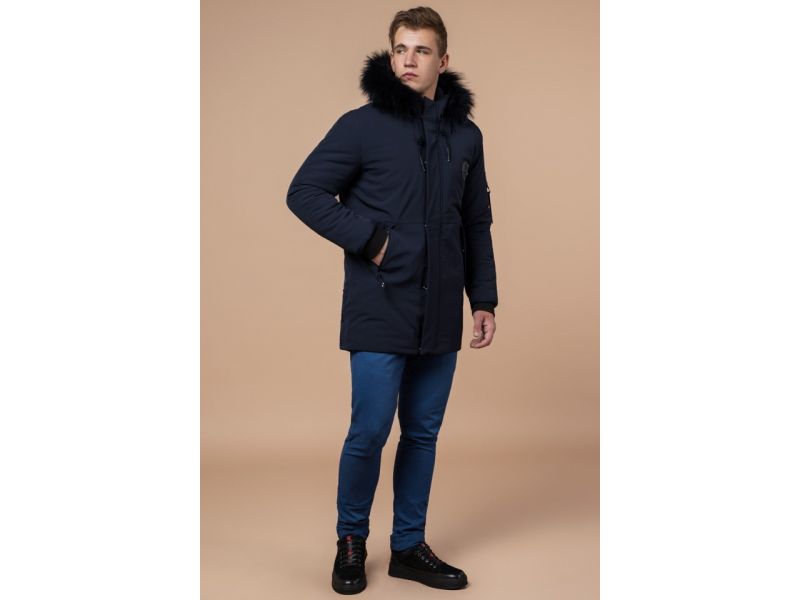 Парка зимняя мужская темно-синяя с карманами модель 9828, фото 1