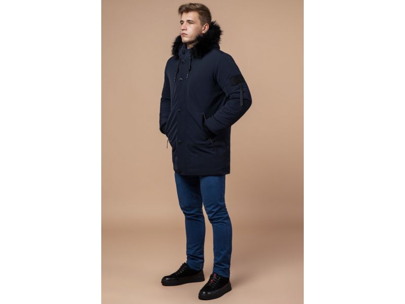 Парка мужская зимняя темно-синяя с кулиской модель 9842, фото 1