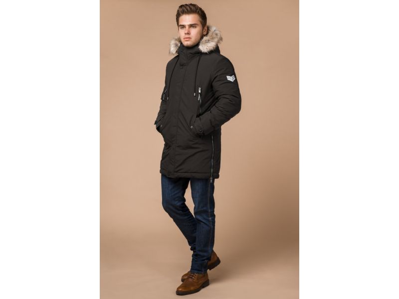 Мужская коричневая парка зимняя с меховой опушкой модель 20758, фото 1