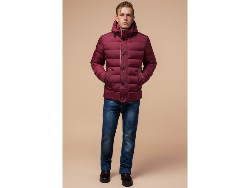 Куртка бордового цвета зимняя на молнии мужская модель 20849, фото 2