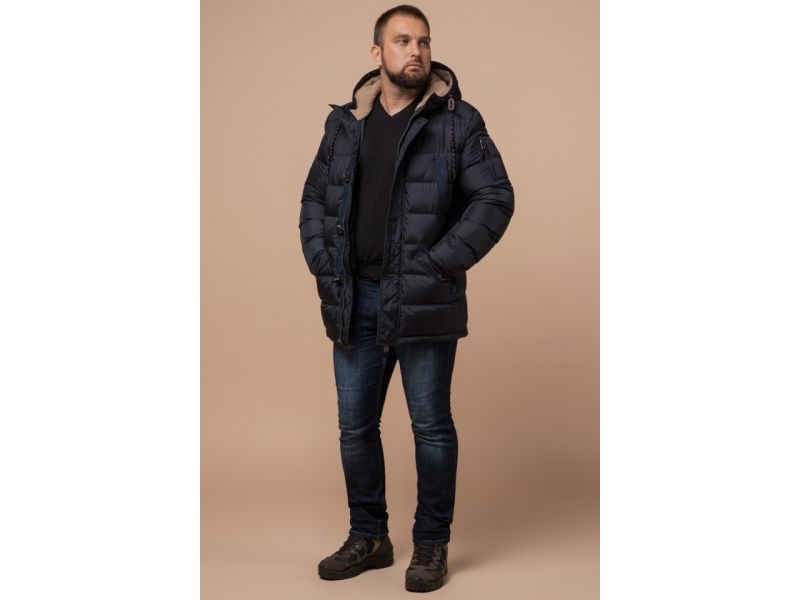 Сине-черная мужская куртка с капюшоном зимняя модель 26402, фото 2