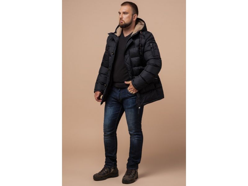 Черная куртка на молнии мужская зимняя модель 26402, фото 2