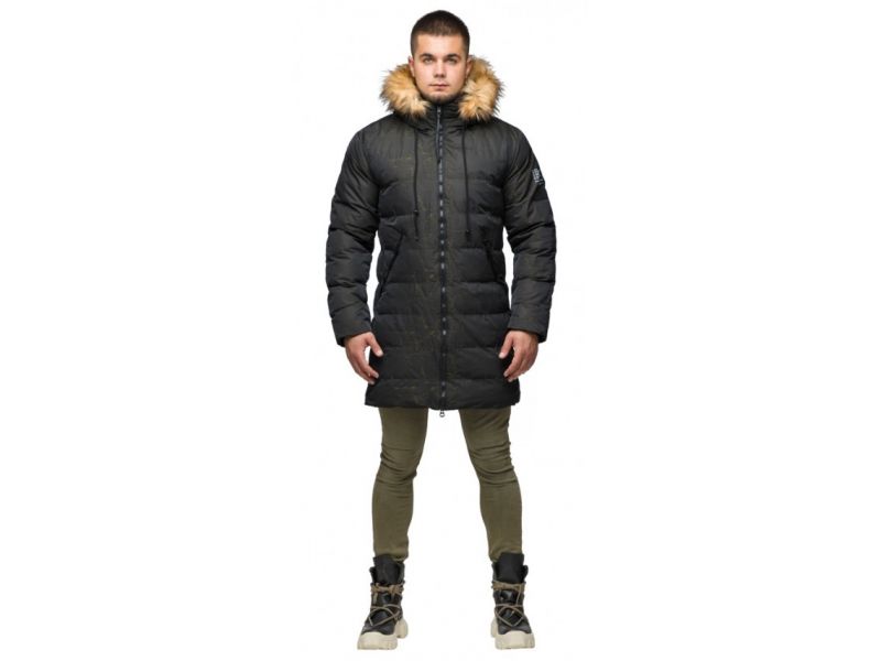 Куртка молодежная мужская дизайнерская зимняя темно-зеленого цвета модель 25410, фото 1