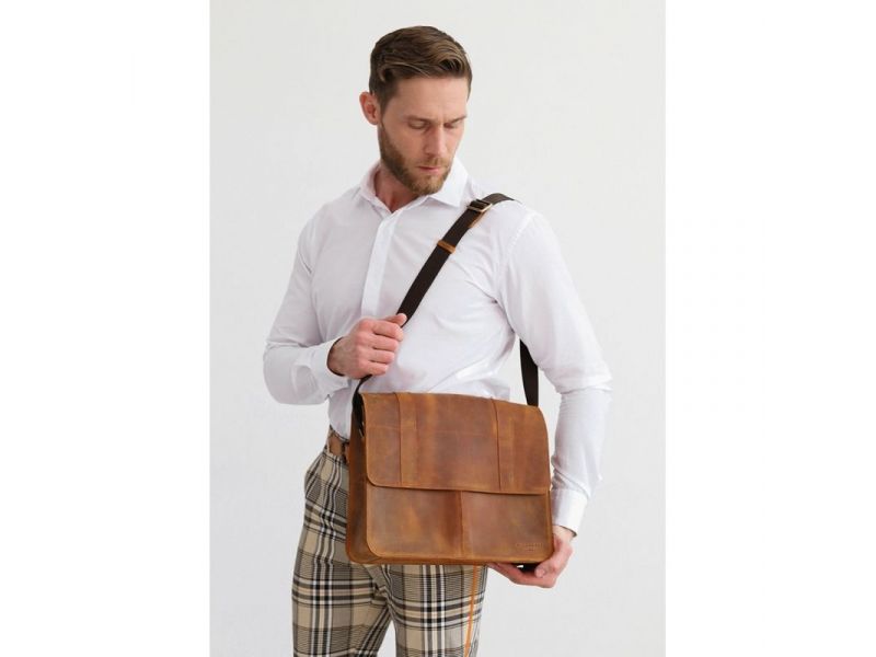 Кожаная сумка-портфель Classic светло-коричневый Crazy Horse с эффектом Pull Up, фото 2