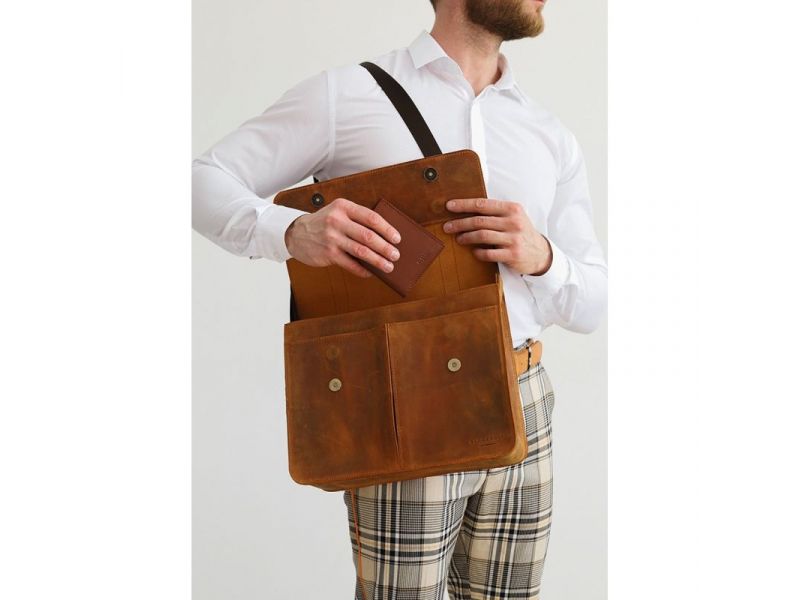 Кожаная сумка-портфель Classic светло-коричневый Crazy Horse с эффектом Pull Up, фото 4