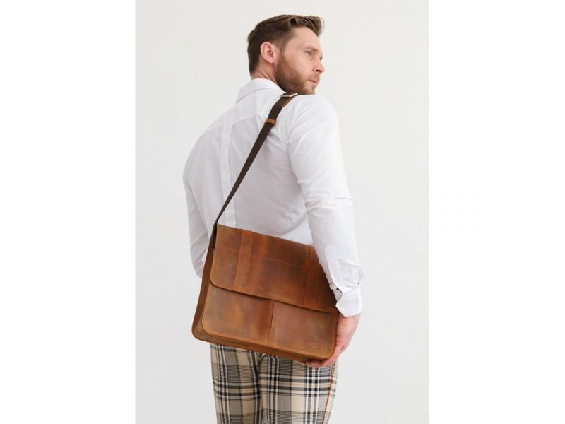 Кожаная сумка-портфель Classic светло-коричневый Crazy Horse с эффектом Pull Up, фото 5