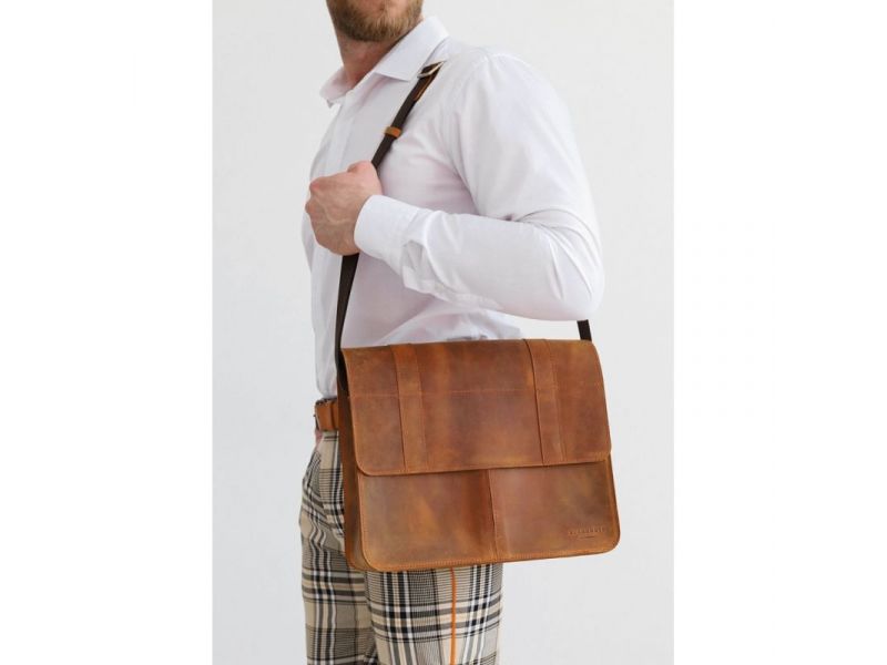 Кожаная сумка-портфель Classic светло-коричневый Crazy Horse с эффектом Pull Up, фото 6