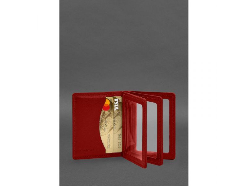Кожаная обложка для водительского удостоверения, ID и пластиковых карт 2.1 красная, фото 3