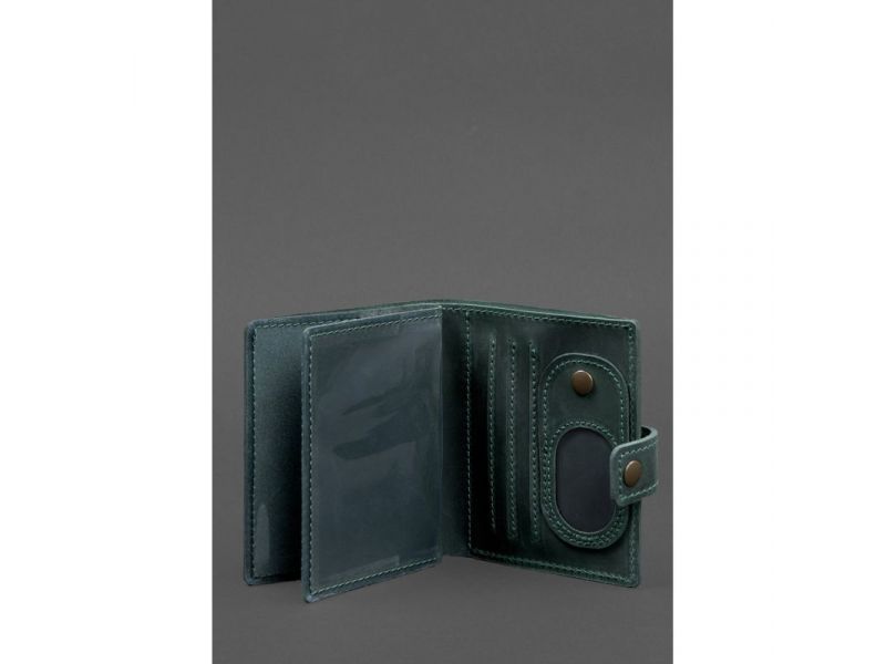 Кожаная обложка-портмоне для удостоверения офицера ДПСУ с карманом для жетона 11.3 зеленая Crazy Horse, фото 3