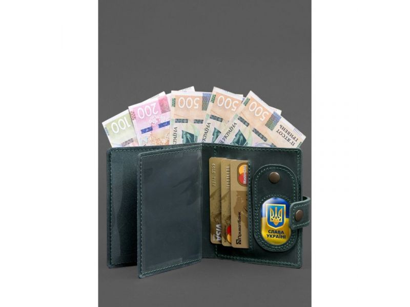 Кожаная обложка-портмоне для удостоверения офицера ДПСУ с карманом для жетона 11.3 зеленая Crazy Horse, фото 4