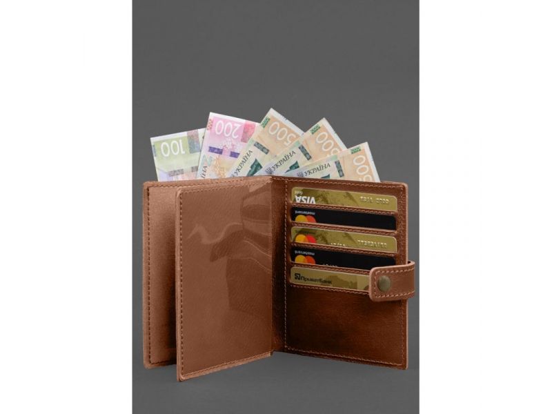 Кожаная обложка-портмоне на паспорт с гербом Украины 25.1 Светло-коричневая, фото 5