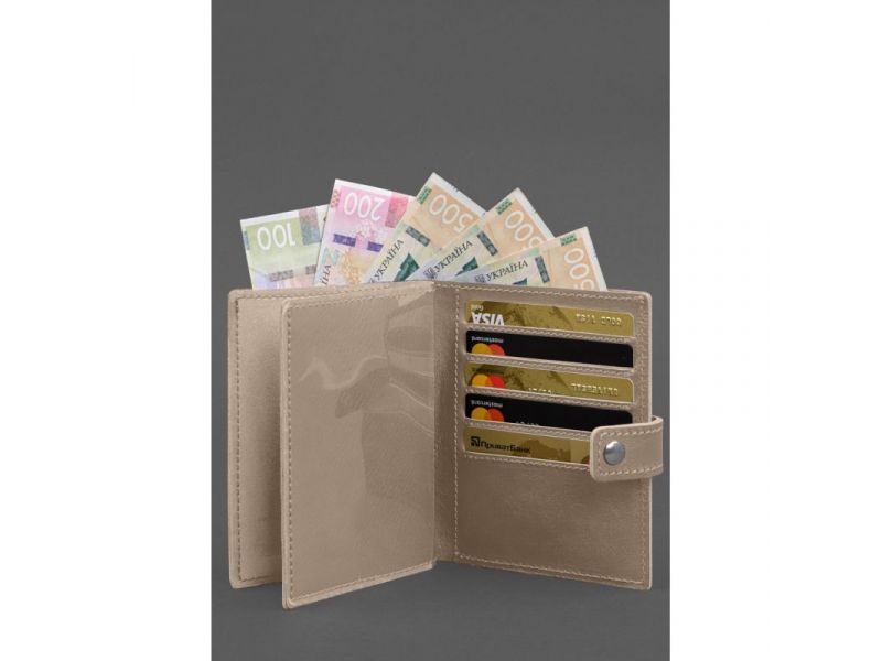 Кожаная обложка-портмоне на паспорт с гербом Украины 25.1 Светло-бежевая, фото 5