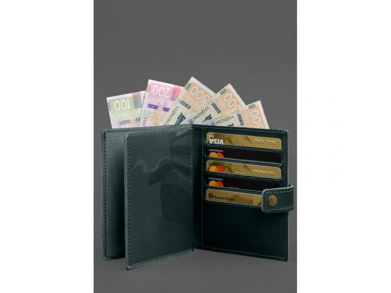 Кожаная обложка-портмоне на паспорт с гербом Украины 25.1 Зеленая, фото 5