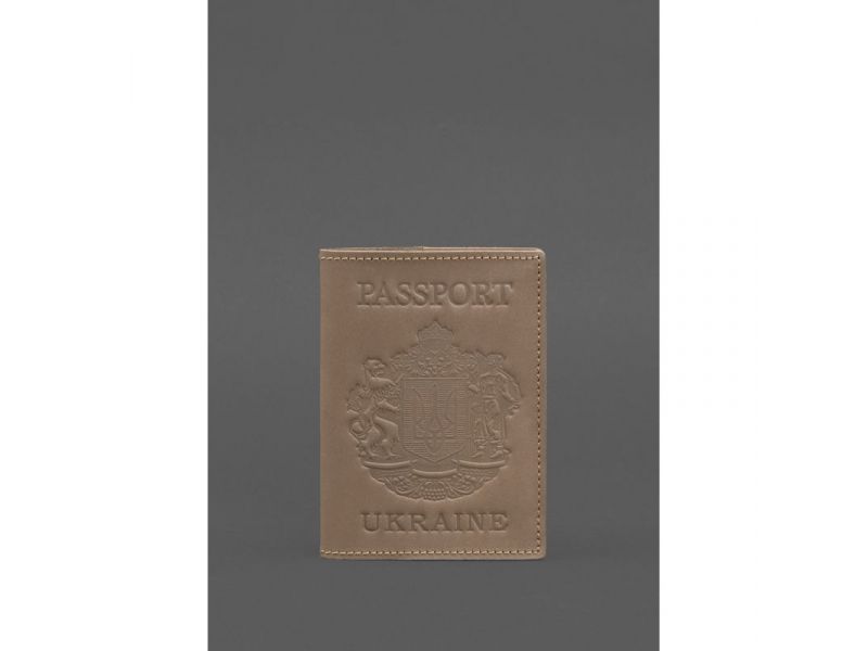 Кожаная обложка для паспорта с украинским гербом светло-бежевая, фото 1