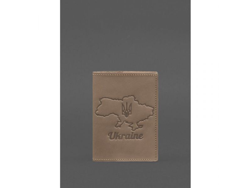Кожаная обложка для паспорта с картой Украины светло-бежевая Crazy Horse, фото 1