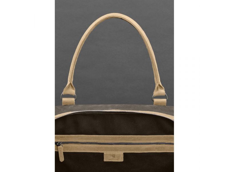 Дорожная сумка из коричневого канваса и натуральной светло-бежевой кожи Crazy Horse, фото 10