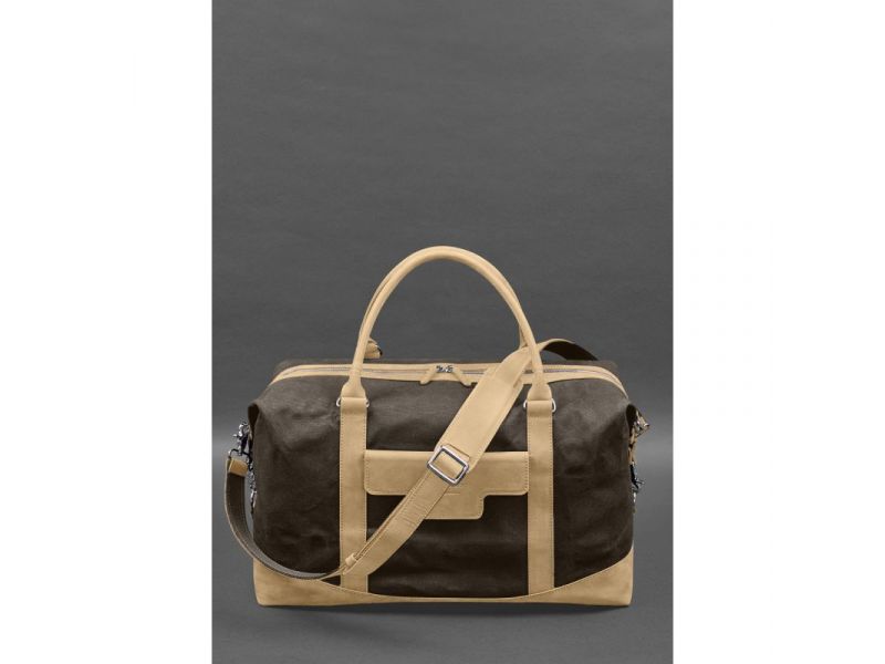 Дорожная сумка из коричневого канваса и натуральной светло-бежевой кожи Crazy Horse, фото 1