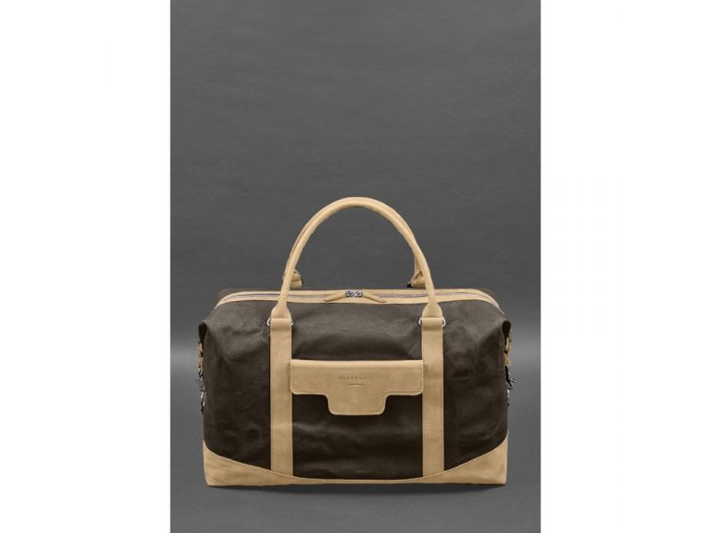 Дорожная сумка из коричневого канваса и натуральной светло-бежевой кожи Crazy Horse, фото 2