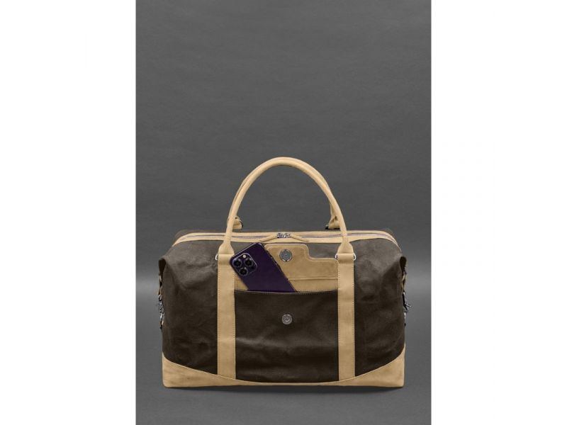 Дорожная сумка из коричневого канваса и натуральной светло-бежевой кожи Crazy Horse, фото 3