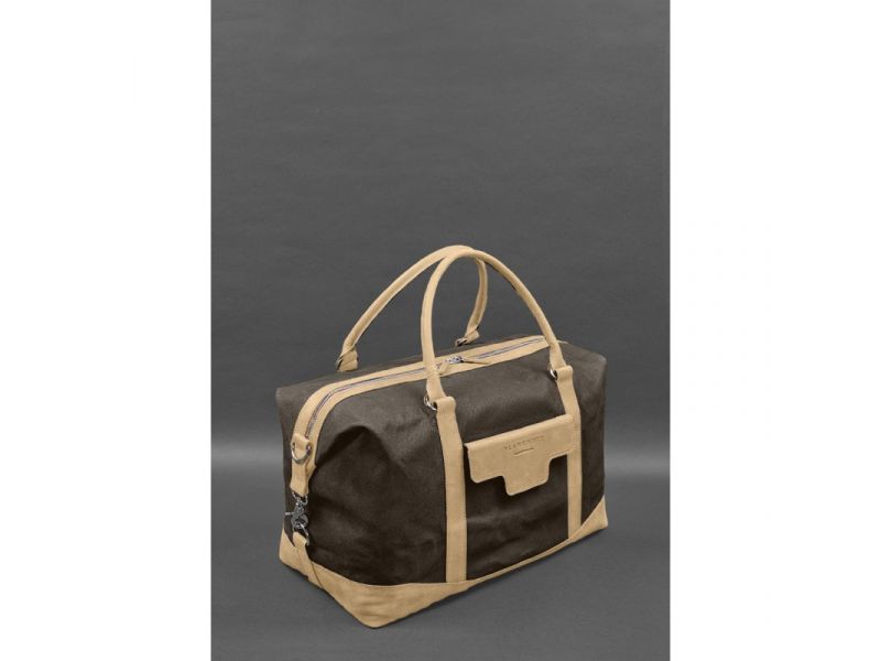 Дорожная сумка из коричневого канваса и натуральной светло-бежевой кожи Crazy Horse, фото 4