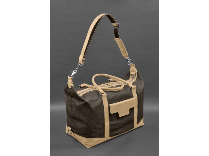 Дорожная сумка из коричневого канваса и натуральной светло-бежевой кожи Crazy Horse, фото 5