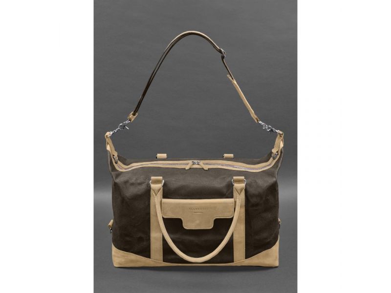 Дорожная сумка из коричневого канваса и натуральной светло-бежевой кожи Crazy Horse, фото 6