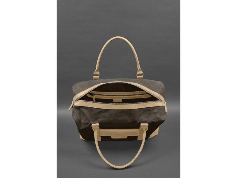 Дорожная сумка из коричневого канваса и натуральной светло-бежевой кожи Crazy Horse, фото 7