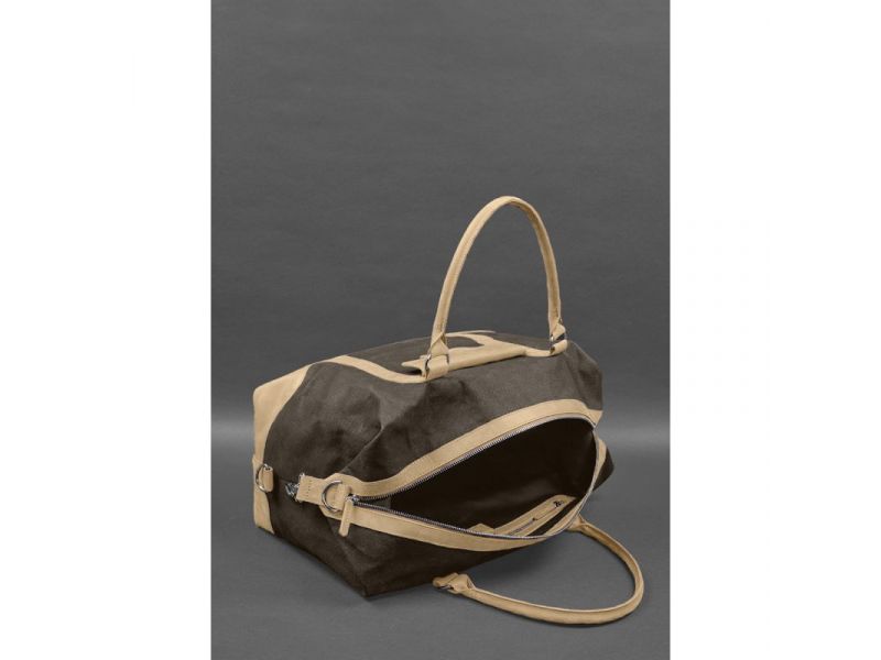 Дорожная сумка из коричневого канваса и натуральной светло-бежевой кожи Crazy Horse, фото 8