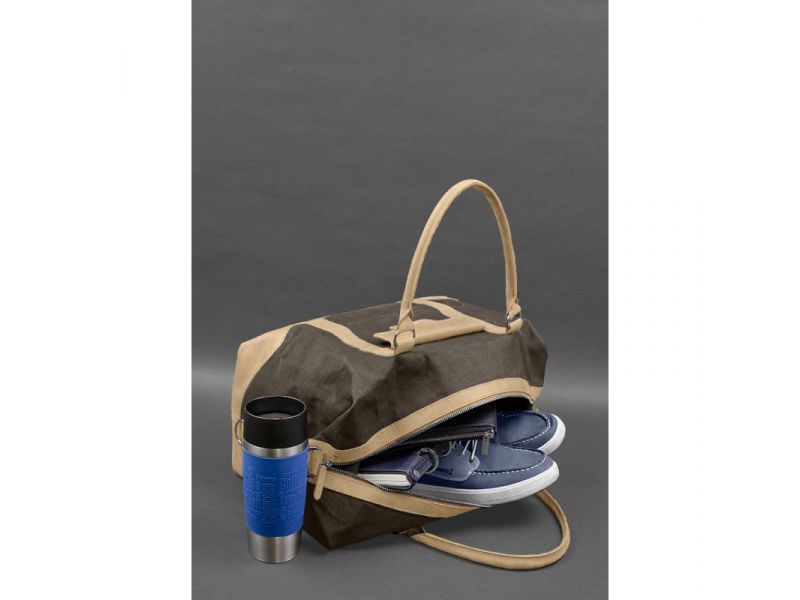 Дорожная сумка из коричневого канваса и натуральной светло-бежевой кожи Crazy Horse, фото 9