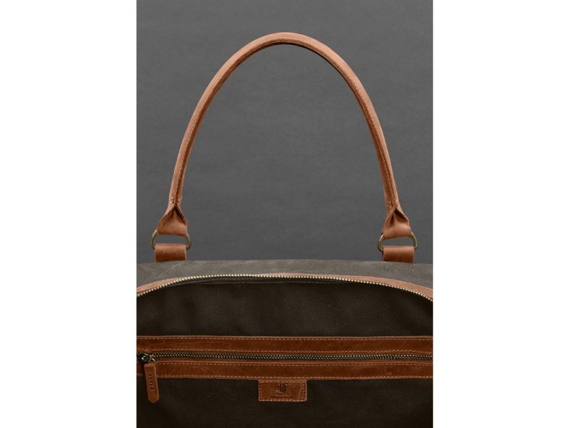 Дорожная сумка из коричневого канваса и натуральной светло-коричневой кожи Crazy Horse, фото 10