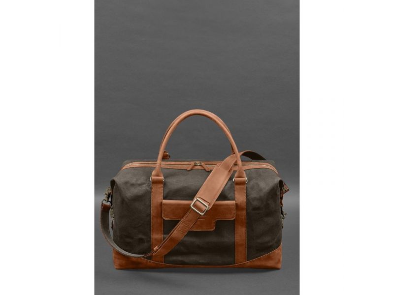 Дорожная сумка из коричневого канваса и натуральной светло-коричневой кожи Crazy Horse, фото 1