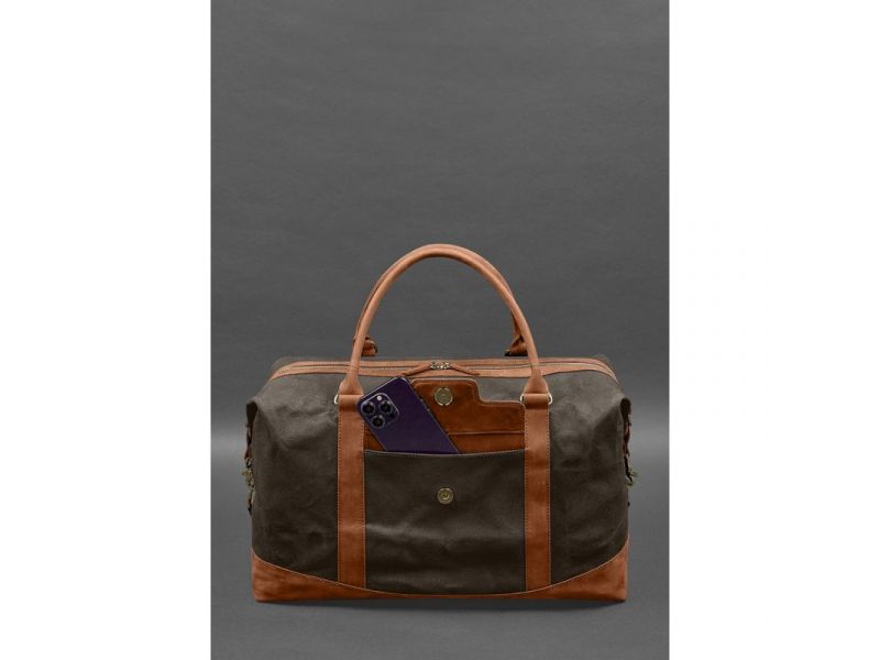Дорожная сумка из коричневого канваса и натуральной светло-коричневой кожи Crazy Horse, фото 3