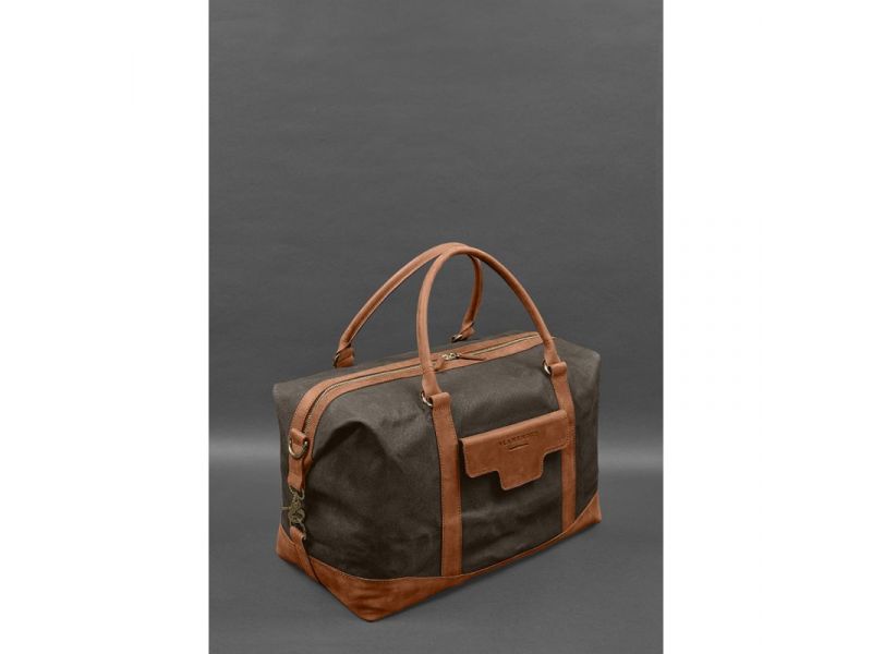Дорожная сумка из коричневого канваса и натуральной светло-коричневой кожи Crazy Horse, фото 4