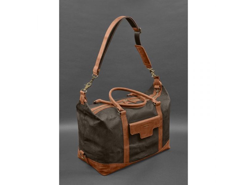 Дорожная сумка из коричневого канваса и натуральной светло-коричневой кожи Crazy Horse, фото 5