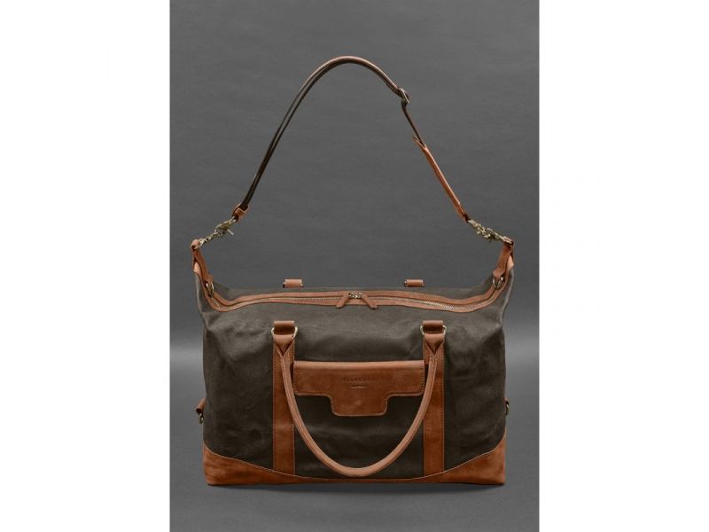 Дорожная сумка из коричневого канваса и натуральной светло-коричневой кожи Crazy Horse, фото 6