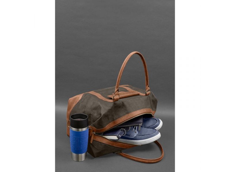 Дорожная сумка из коричневого канваса и натуральной светло-коричневой кожи Crazy Horse, фото 9