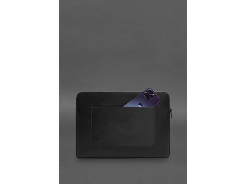 Кожаный чехол для ноутбука на молнии с хлястиком и карманом Черный, фото 3