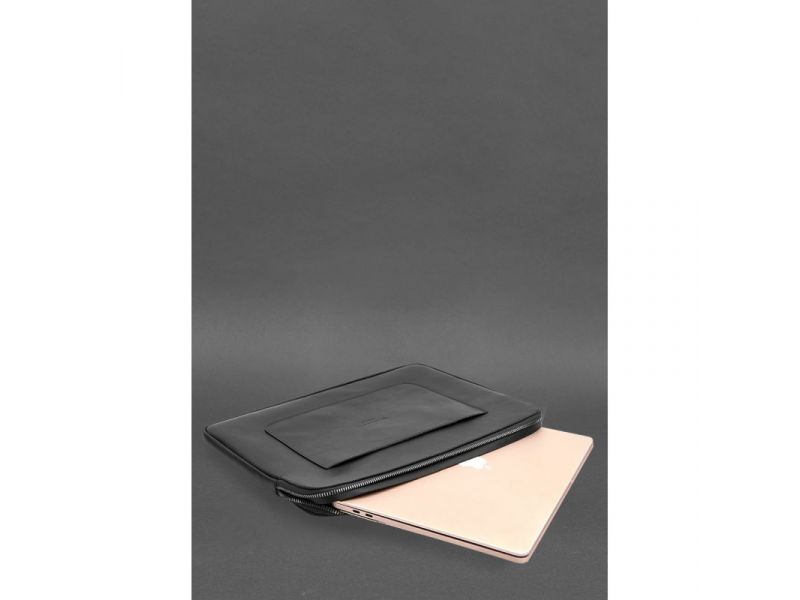 Кожаный чехол для ноутбука на молнии с хлястиком и карманом Черный, фото 5