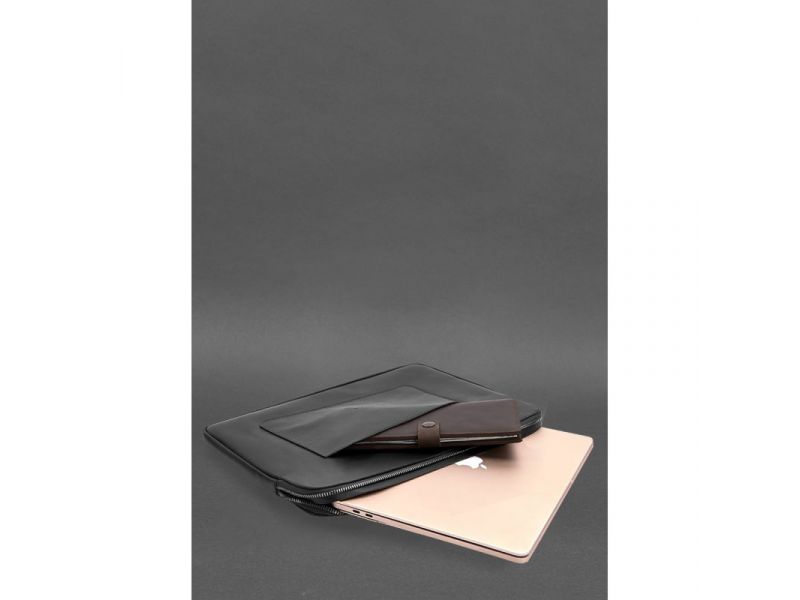 Кожаный чехол для ноутбука на молнии с хлястиком и карманом Черный, фото 6