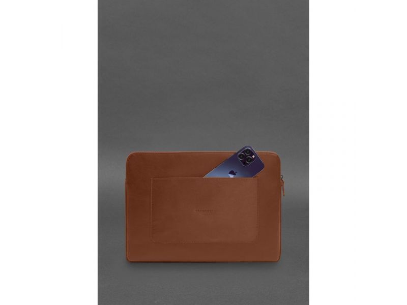 Кожаный чехол для ноутбука на молнии с хлястиком и карманом Светло-коричневый, фото 3