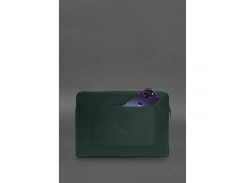 Кожаный чехол для ноутбука на молнии с хлястиком и карманом Зеленый, фото 3