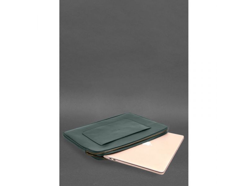 Кожаный чехол для ноутбука на молнии с хлястиком и карманом Зеленый, фото 5