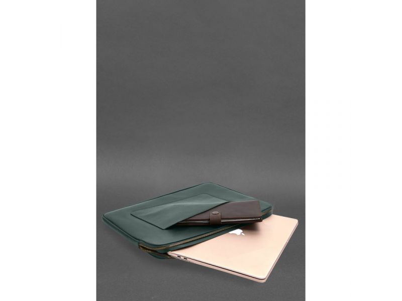 Кожаный чехол для ноутбука на молнии с хлястиком и карманом Зеленый, фото 6