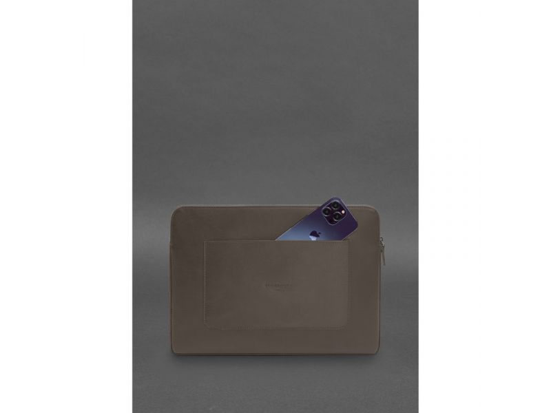 Кожаный чехол для ноутбука на молнии с хлястиком и карманом Темно-бежевый, фото 3