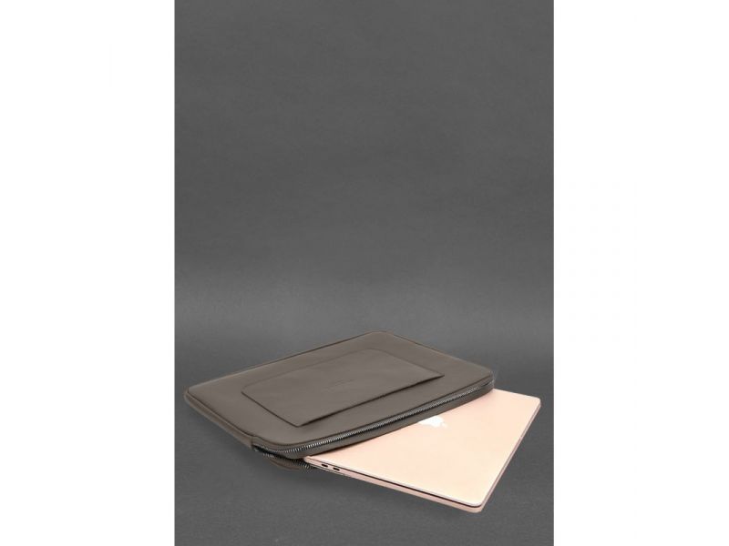 Кожаный чехол для ноутбука на молнии с хлястиком и карманом Темно-бежевый, фото 5